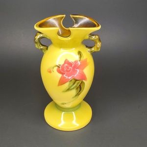 Vintage Hull Woodland yellow and green with mauve Flower and leaf vase.